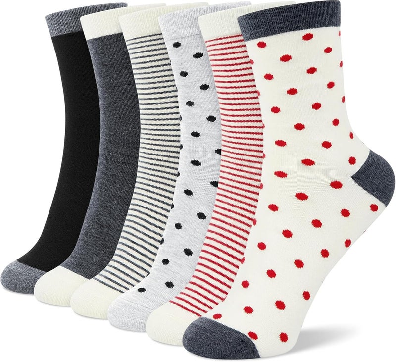 Socksfad Store 6 Pairs Cotton Crew Socks for Women, Breathable Novelty Funny Striped Dot Casual Cute Calf Socks Size 6-12 - Image 1